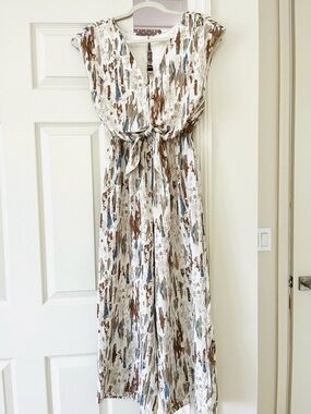 Grade & Gather abstract Brushstroke Print White jumpsuit  with Tie Waist size S